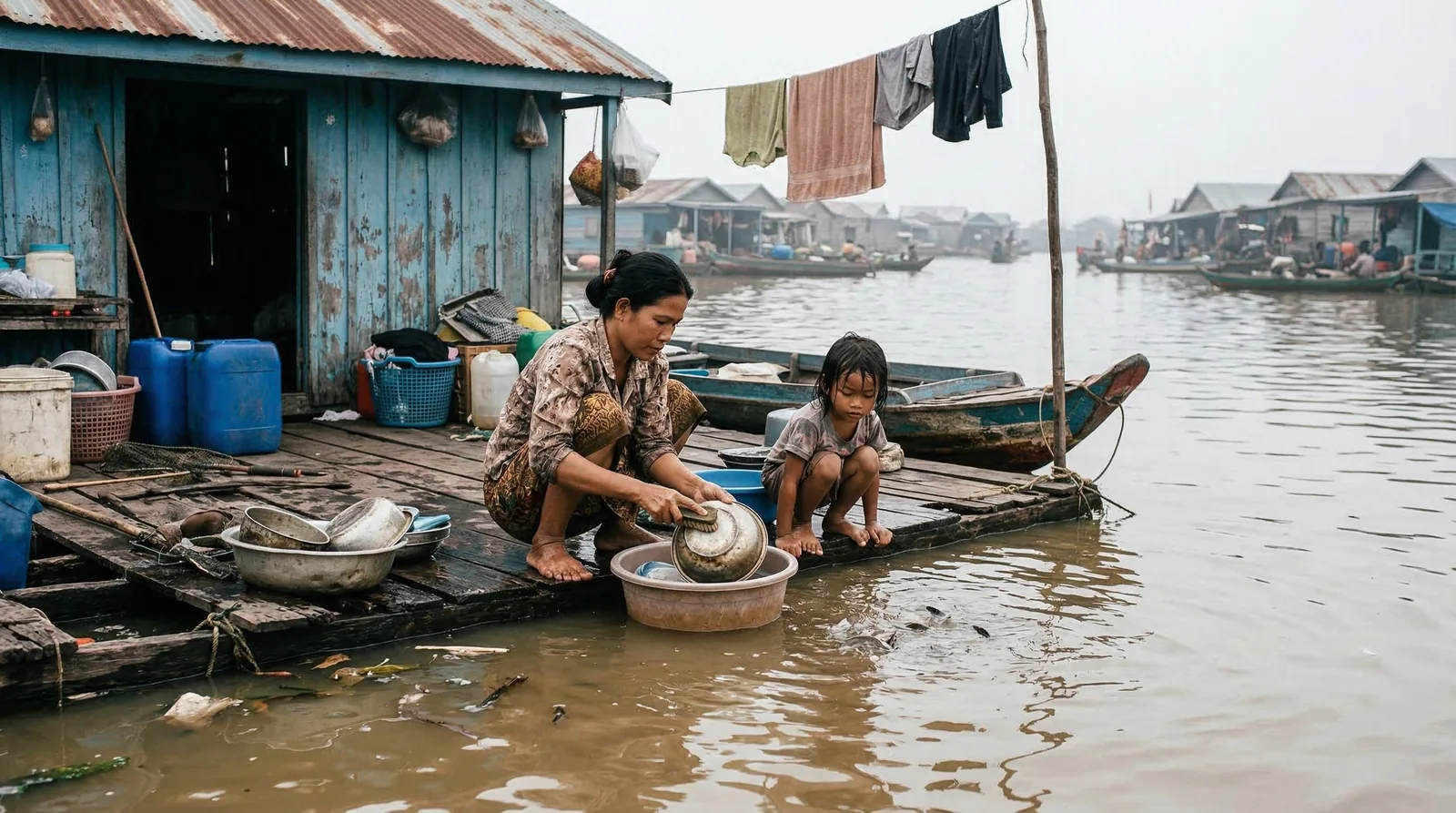 A woman and child wash dishes on a floating house platform in a Cambodian river village.